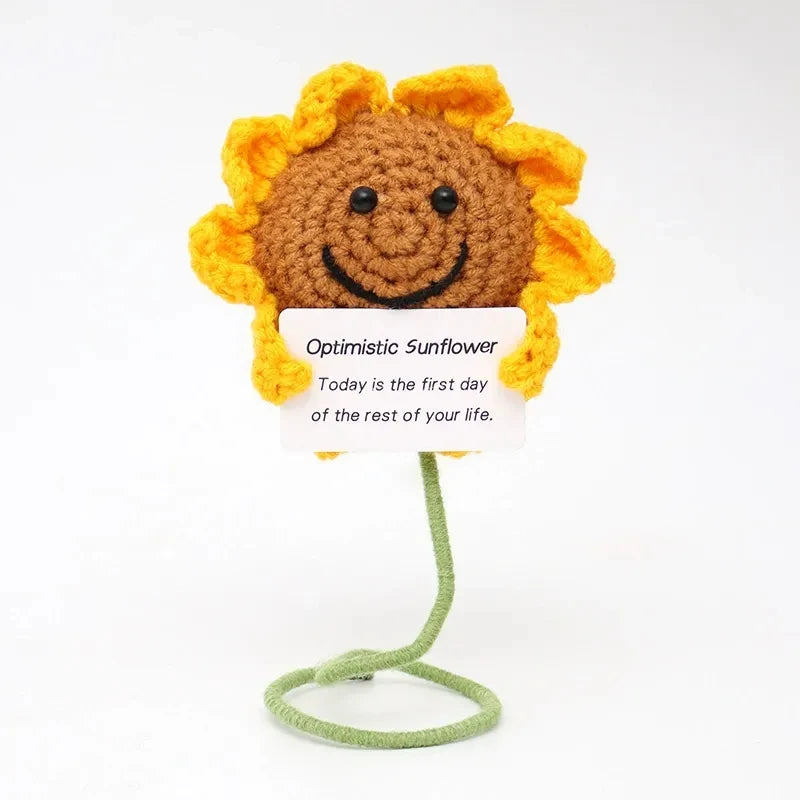Handmade crochet sunflower potato doll with an inspirational card