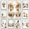 A collection of watercolor art prints depicting scenes from the Bible, including Jesus, shepherds, and religious figures.