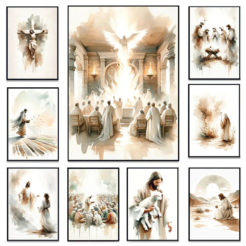 A collection of watercolor art prints depicting scenes from the Bible, including Jesus, shepherds, and religious figures.