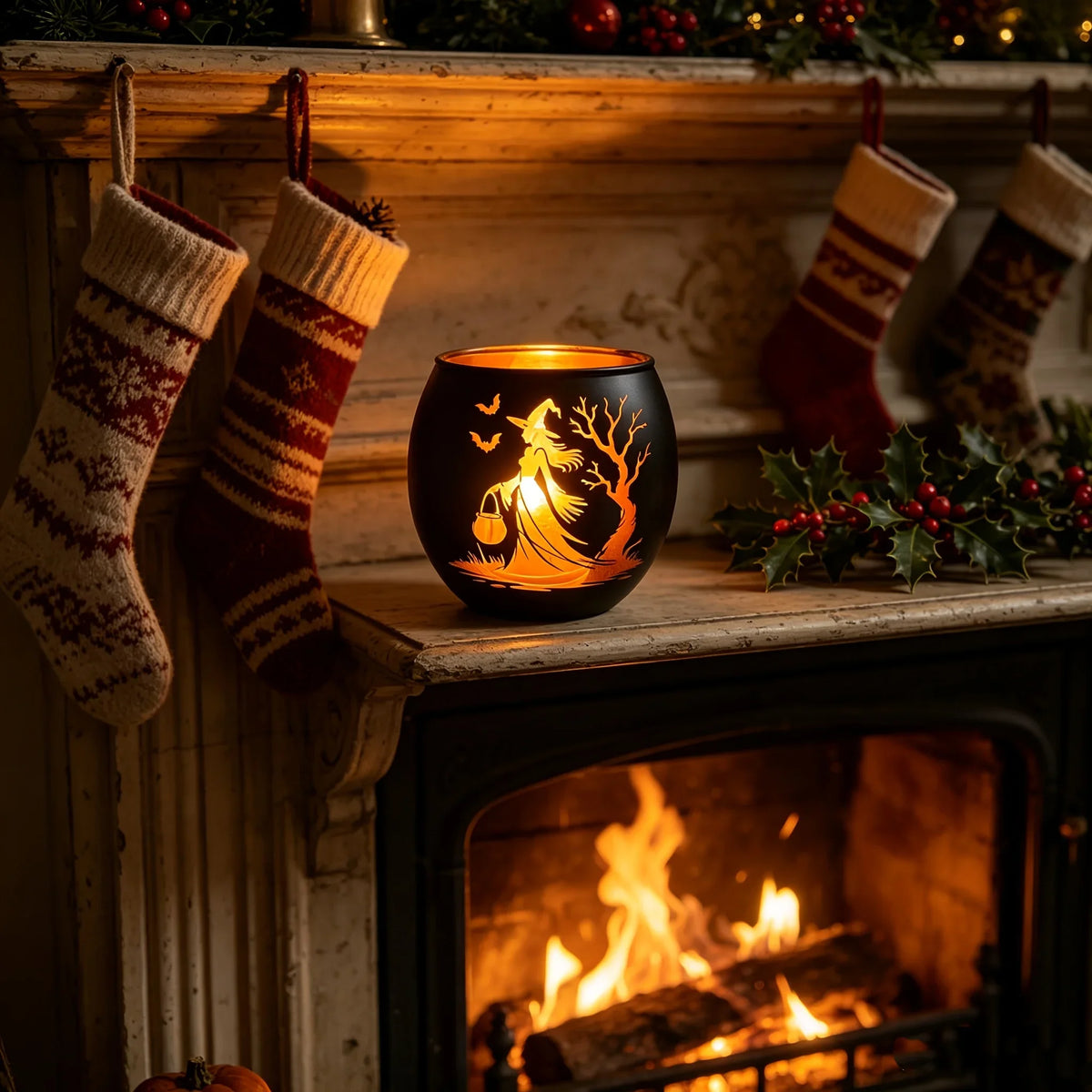 Black Gold Glass Bat Candle Holder with Tree Silhouette