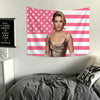 A decorative flag banner featuring a patriotic design with stars and stripes in pink and white.