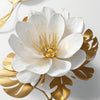 Arte de pared floral en lienzo blanco y dorado con girasoles grandes y estambres dorados centrales.