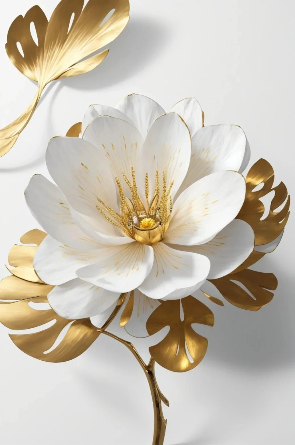Arte de pared floral en lienzo blanco y dorado con girasoles grandes y estambres dorados centrales.