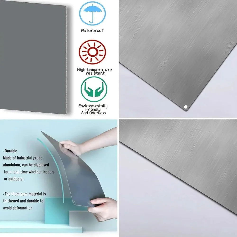 Silberne Metallwandtafel mit spitzer Form, die Haltbarkeit und wasserdichte Funktionen zeigt.