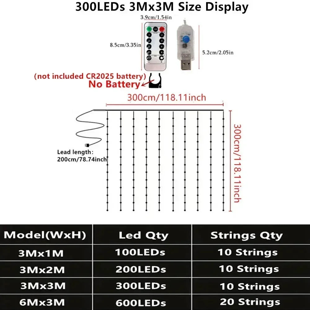 Display of 300LEDs 3Mx3M size display showing various LED curtain string light models and specifications.
