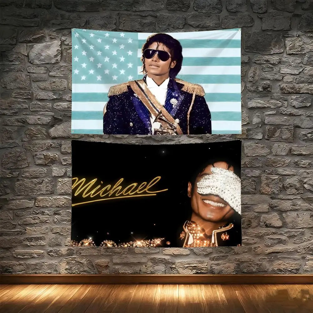 Wall art featuring a portrait of Michael Jackson with sunglasses and a gold-trimmed jacket against a patriotic background.