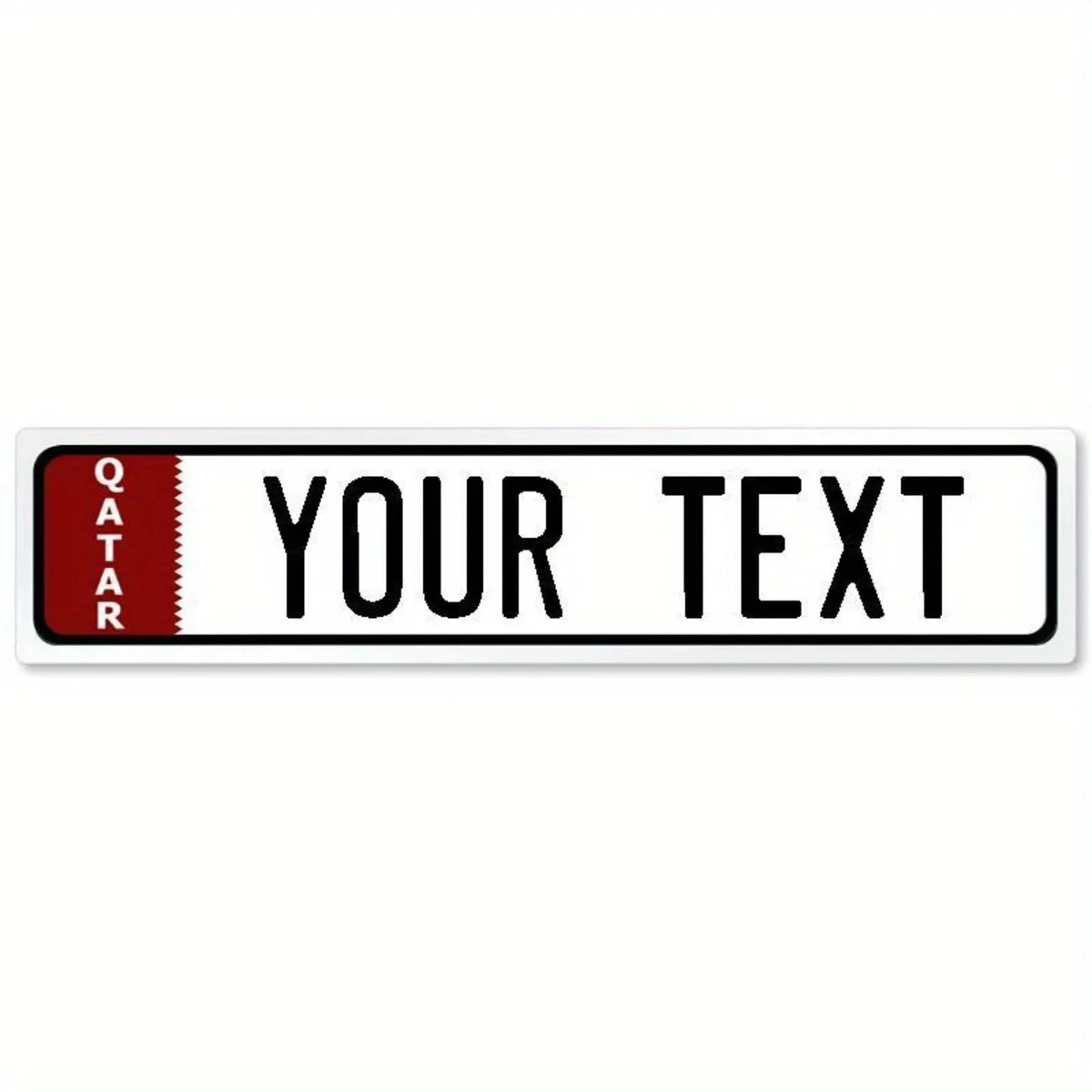A rectangular sign with a red border and the word QATAR in white text.