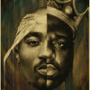 A striking black and white portrait of Tupac Shakur wearing a crown and draped fabric.