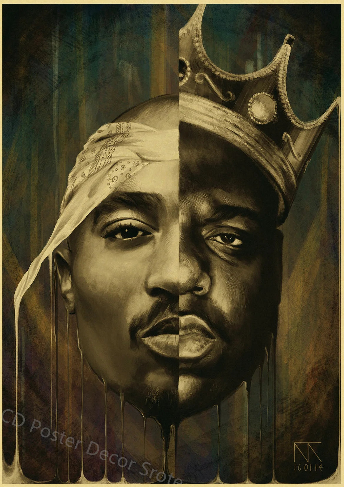 A striking black and white portrait of Tupac Shakur wearing a crown and draped fabric.