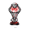 A large Halloween foil balloon sculpture featuring a skull and crossbones design with dripping red paint.