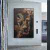 A painting depicting a lion's head with a crown and a warrior's face, rendered in dark tones.