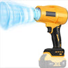 Yellow cordless air blower tool with a blue stream of air being emitted.