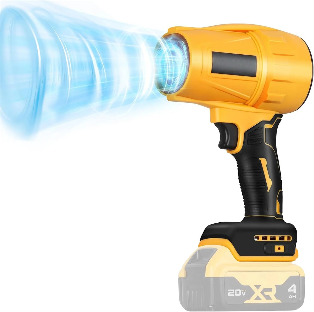 Yellow cordless air blower tool with a blue stream of air being emitted.