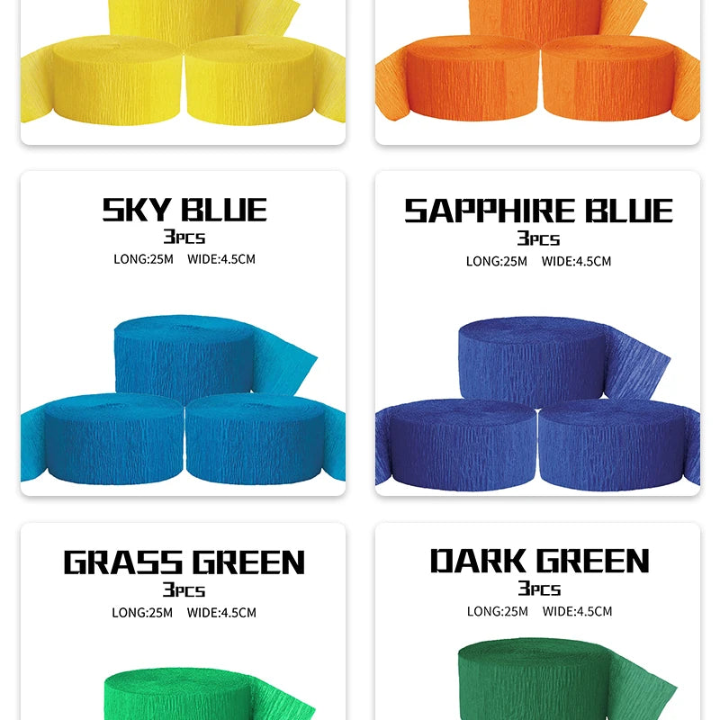 Ein Set Regenbogen-Crêpepapier-Girlanden in Gelb, Orange, Blau und Grünrollen.