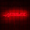 A glowing red neon sign shaped like a heartbeat line spells 'ALTERLIFE' against a dark grid background.