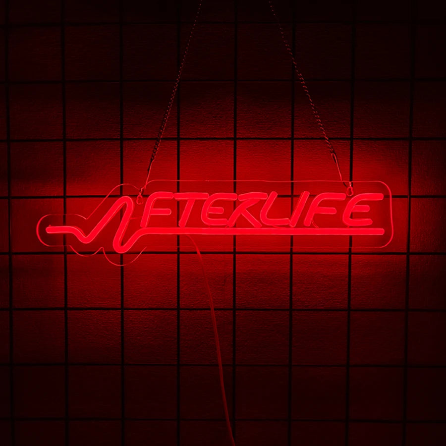 A glowing red neon sign shaped like a heartbeat line spells 'ALTERLIFE' against a dark grid background.