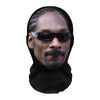 A realistic full-face cosplay mask of a man with dark skin and a mustache wearing sunglasses.