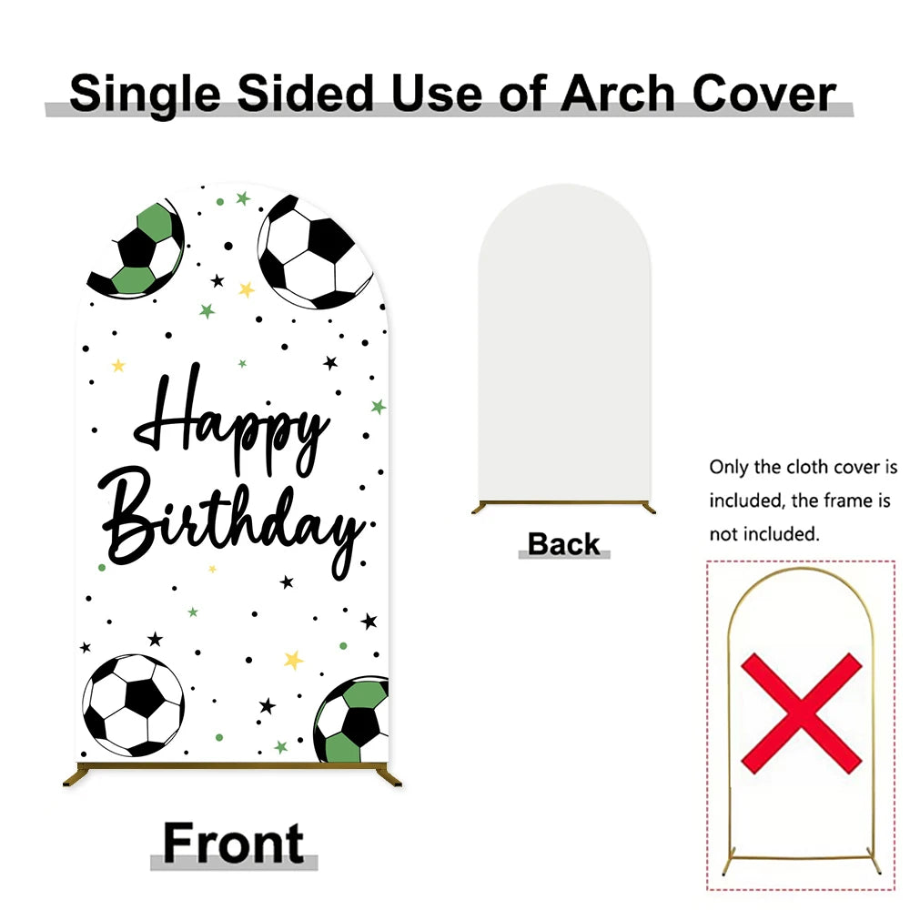 Single sided use of an arch cover featuring a happy birthday message and soccer theme design.
