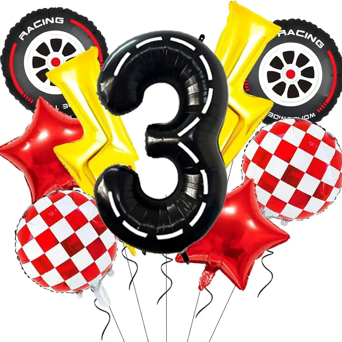 A set of nine foil balloons shaped like the number 3 and a racing car, in black, yellow, and red.