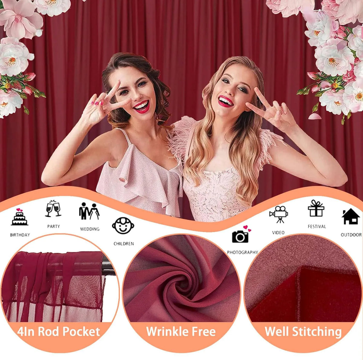 A woman in a pink dress poses in front of a red curtain backdrop with various decorative elements and fabric samples.