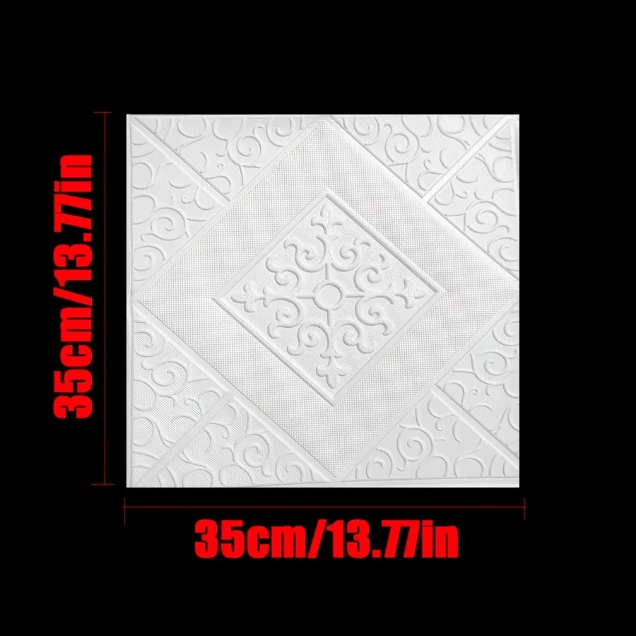 White self-adhesive wall panels featuring a diamond pattern design, measuring 35cm by 13.77in.