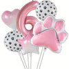 A set of six foil balloons featuring paw prints and the number six in pink and white.