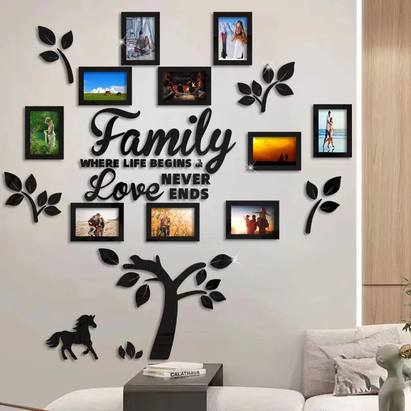 A wall collage featuring a family tree design with framed photos and text on a white wall.