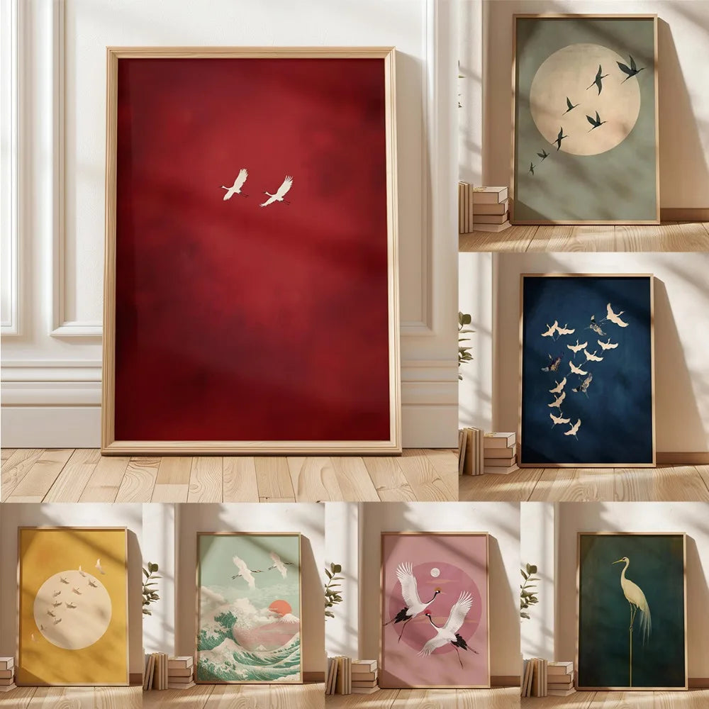 A collection of Japanese crane canvas wall art featuring birds in flight against minimalist backgrounds and natural tones.
