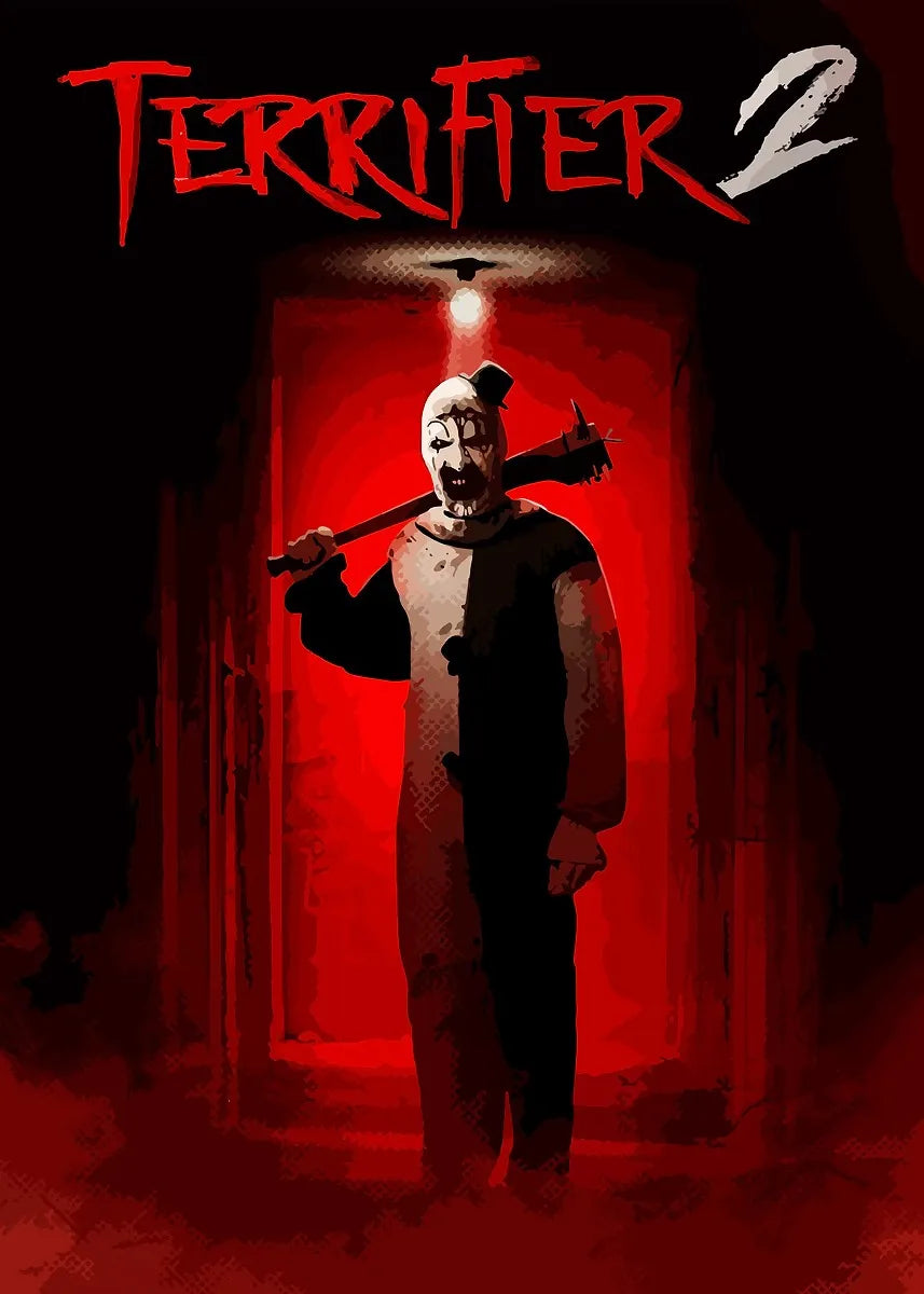 A menacing figure with a knife stands in a red hallway, featured on a Terrifier 2 movie poster art set.