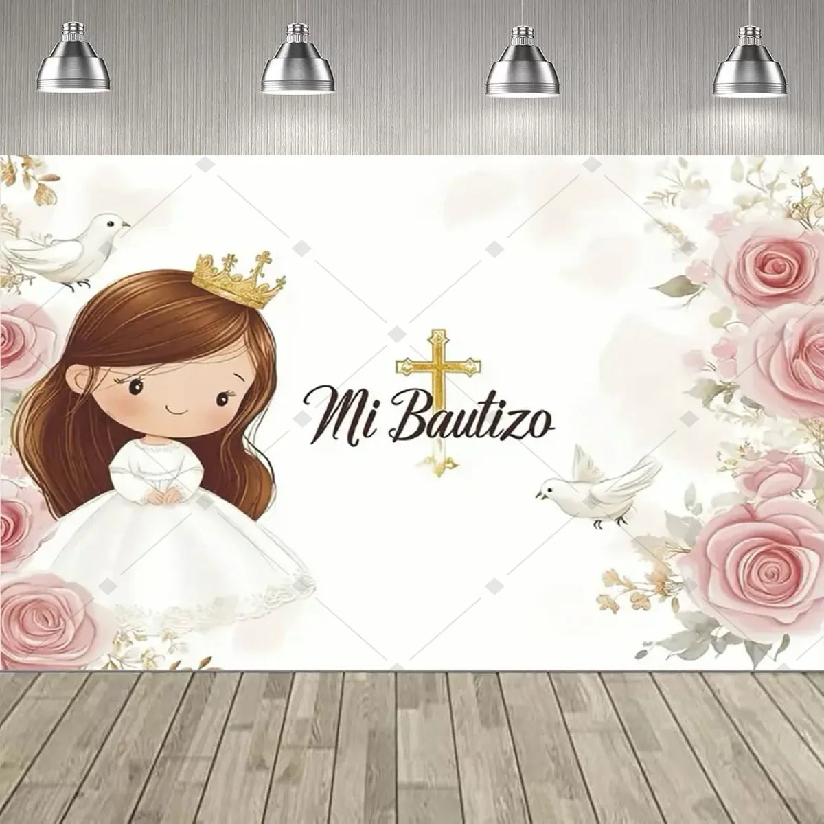 A soft pink and white First Communion backdrop featuring a girl, a cross, and floral designs.