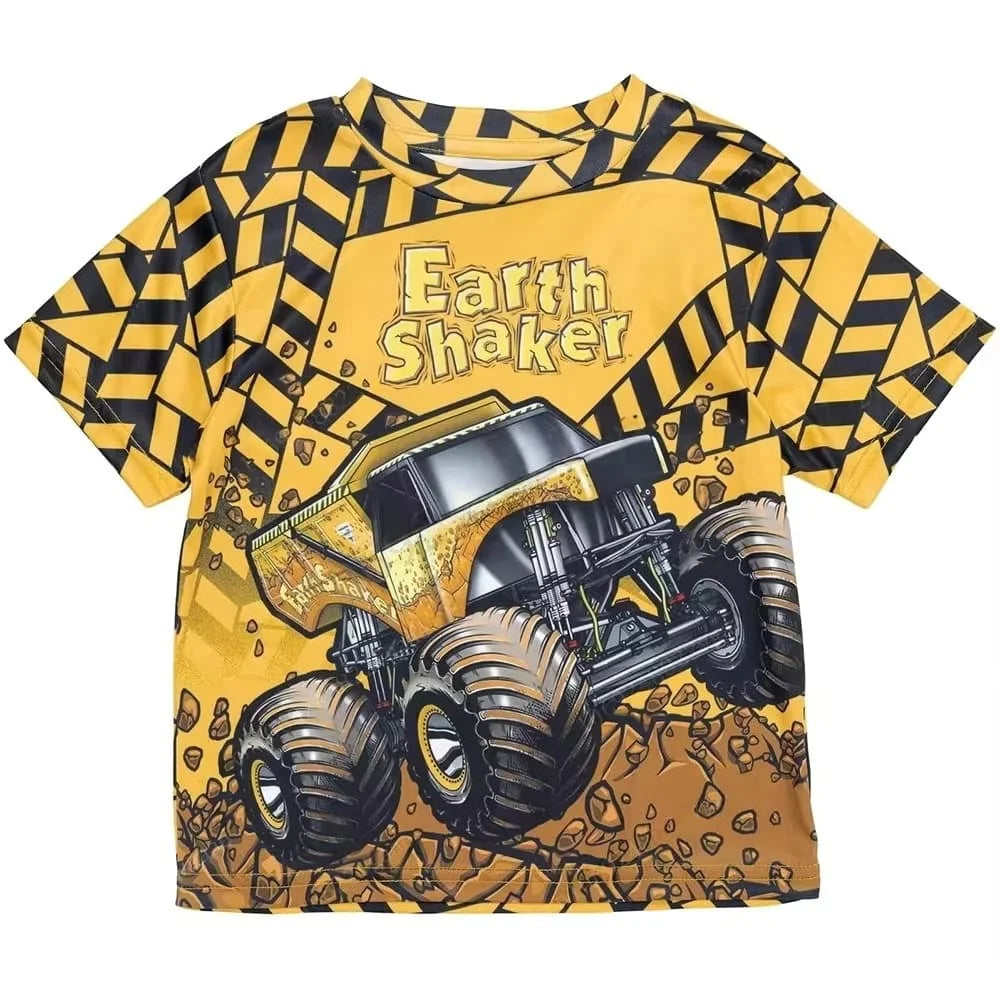 A yellow t-shirt featuring a full graphic print of the Earth Shaker Monster Jam Grave Digger vehicle.