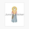 A drawing of a female figure with a halo and flowing hair, wearing a yellow garment and blue clothing.