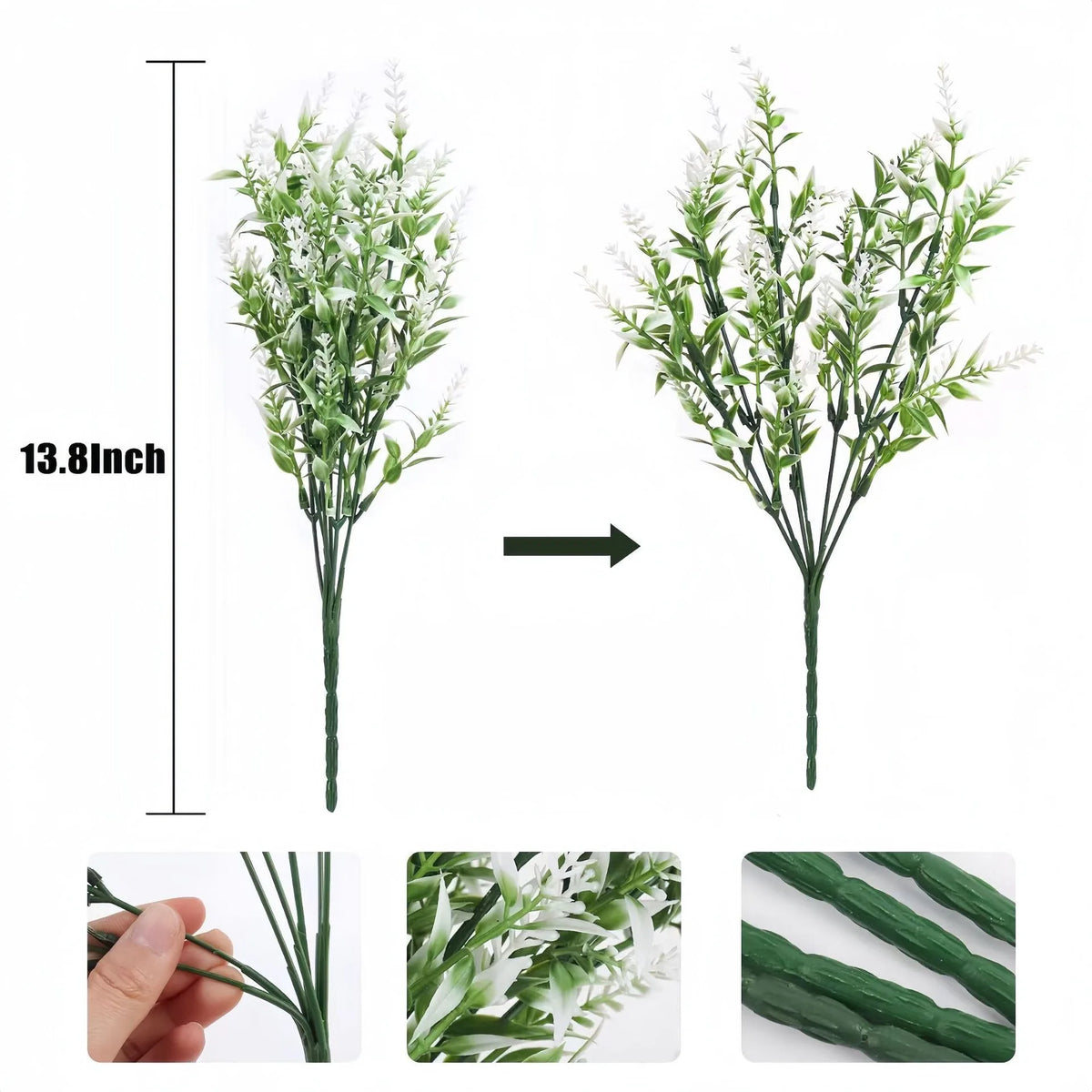 A tall artificial flower bouquet featuring green stems and white blossoms, shown from the side and close-up views.