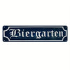 Vintage dark blue metal sign with the word Biergarten in white lettering