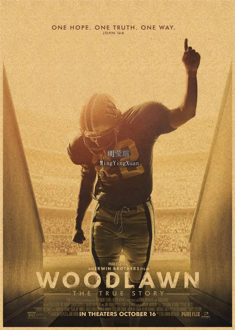 A movie poster for Woodlawn featuring a silhouette of a person raising a finger against a golden background.