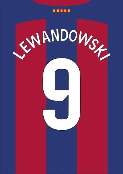 Wall art featuring the number 9 in red and white stripes on a blue background with the name Lewandowski