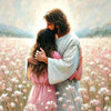A painting depicting Jesus embracing a woman in a field of pink and white flowers.