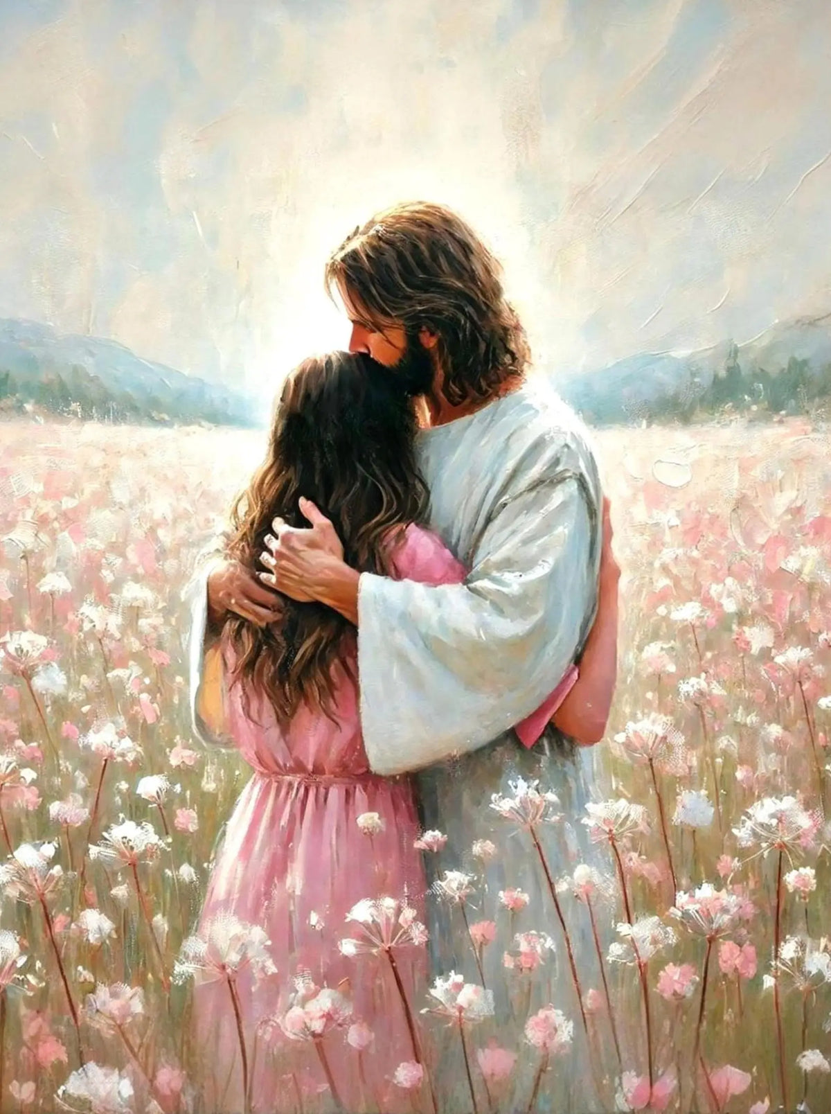 A painting depicting Jesus embracing a woman in a field of pink and white flowers.