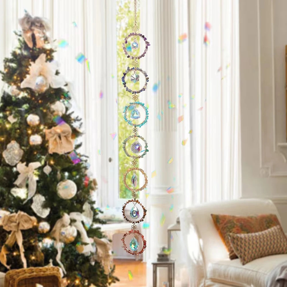 A festive Christmas tree decorated with gold and silver ornaments stands next to a window with colorful confetti falling.