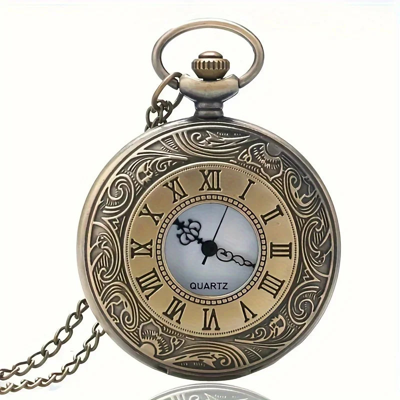Vintage bronze quartz pocket watch with a chain and ornate engraving on the case.