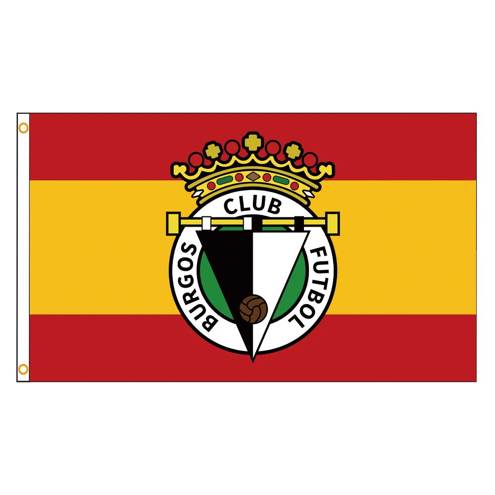 A flag with horizontal stripes of red and yellow, featuring a crest with a crown and the text CLUB BURGOS FUTBOL.