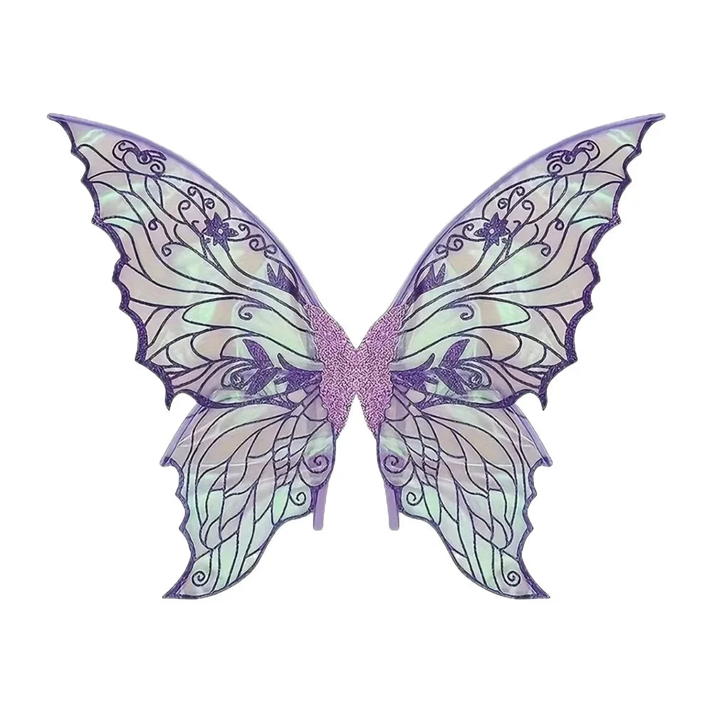 A pair of iridescent purple and green fairy wings with intricate floral patterns.