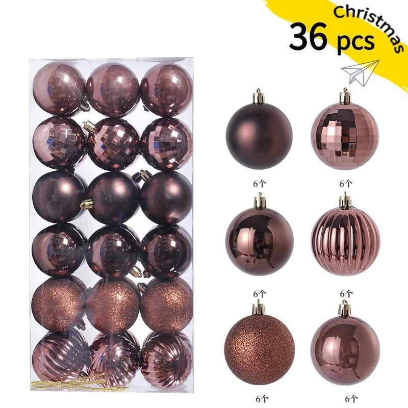 A set of 36 festive Christmas baubles in various shades of rose gold and bronze for holiday decoration.