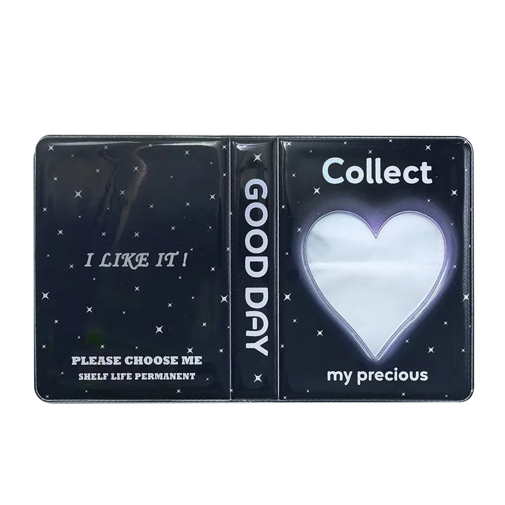 A black transparent photocard album featuring a heart design and text like Collect Good Day I like it please choose me shelf 