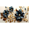A floral canvas art print featuring deep blue and gold leaves and flowers on a light background.