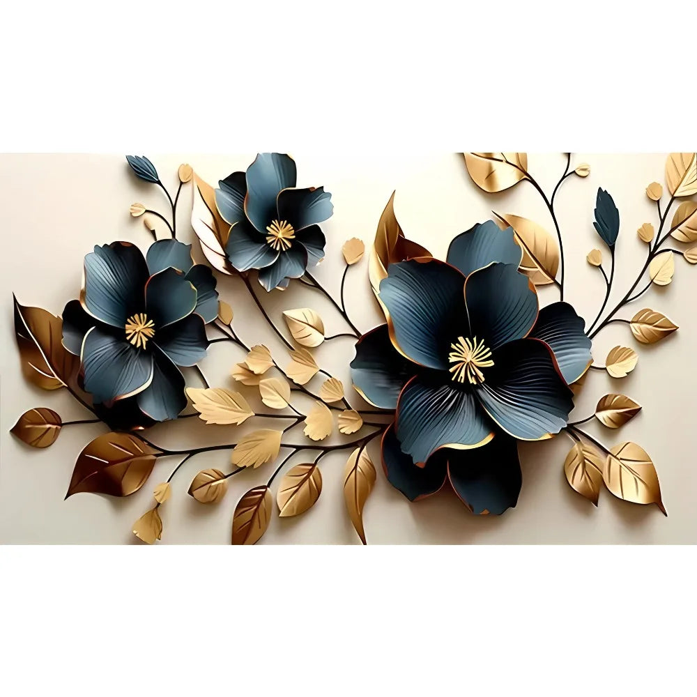 A floral canvas art print featuring deep blue and gold leaves and flowers on a light background.