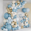 A large balloon garland arch featuring blue and gold balloons for a party decoration.