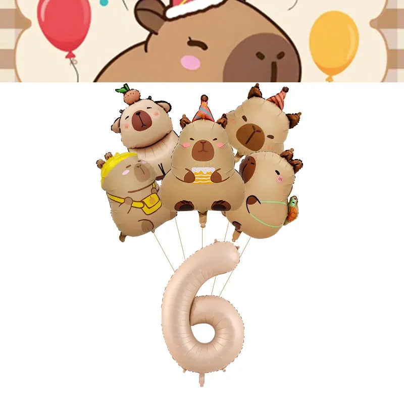 A kit of cute capybara-themed birthday decorations featuring several plush animals and a large number balloon.