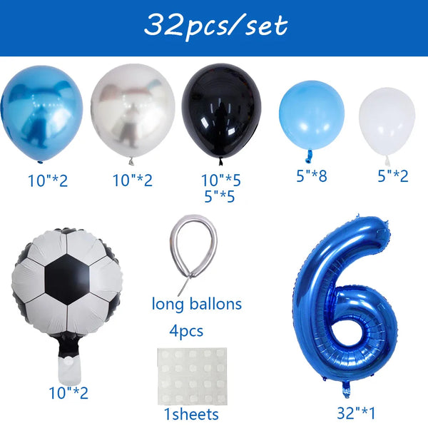 A set of 32 football and number balloons including silver, black, and blue balloons.