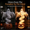 A glowing ghost figure made of light swirls out of a carved pumpkin, illuminating a Halloween scene.